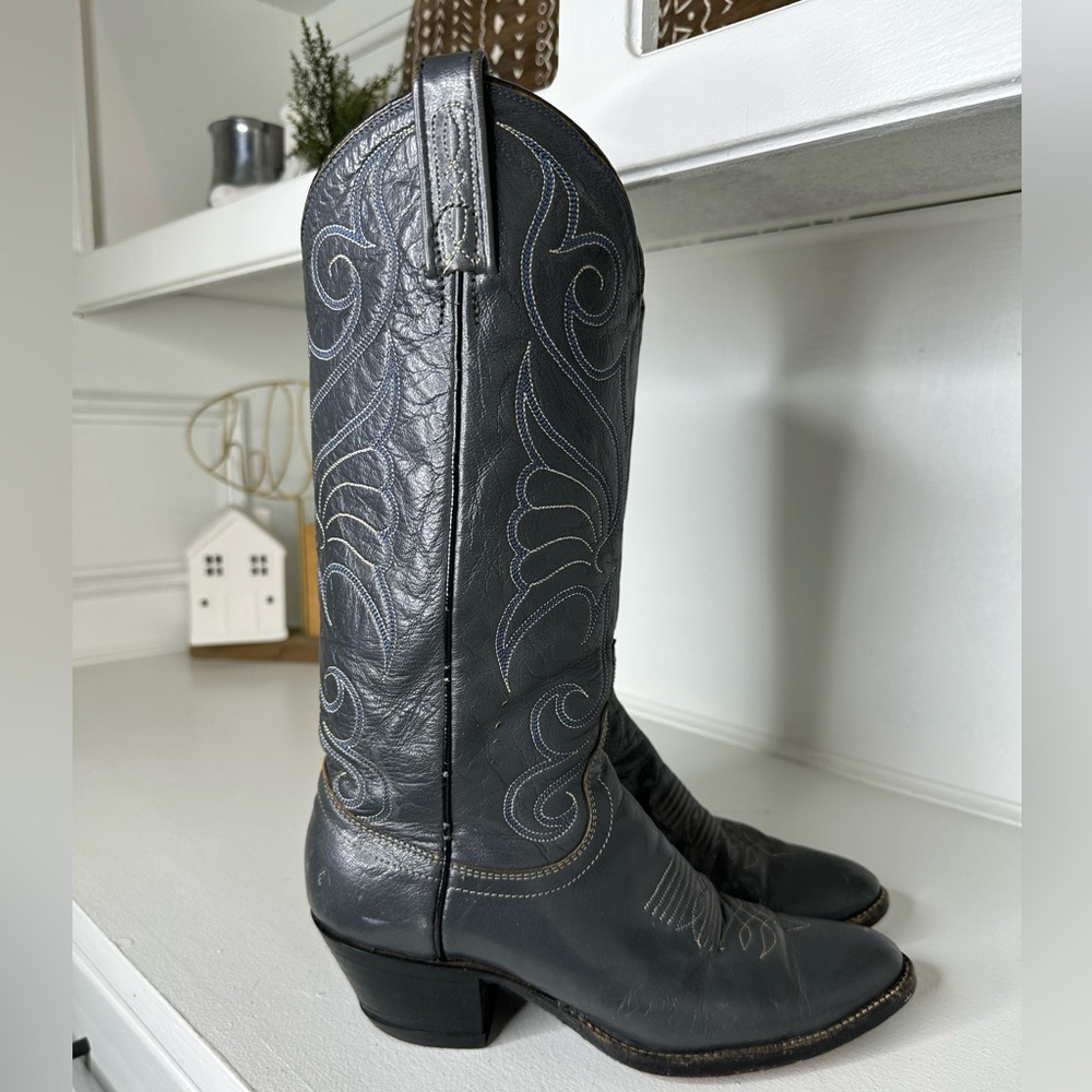 Vintage Dan Post Grey Leather Embroidered Cowboy Boots Women’s 7.5C - Picture 5 of 10